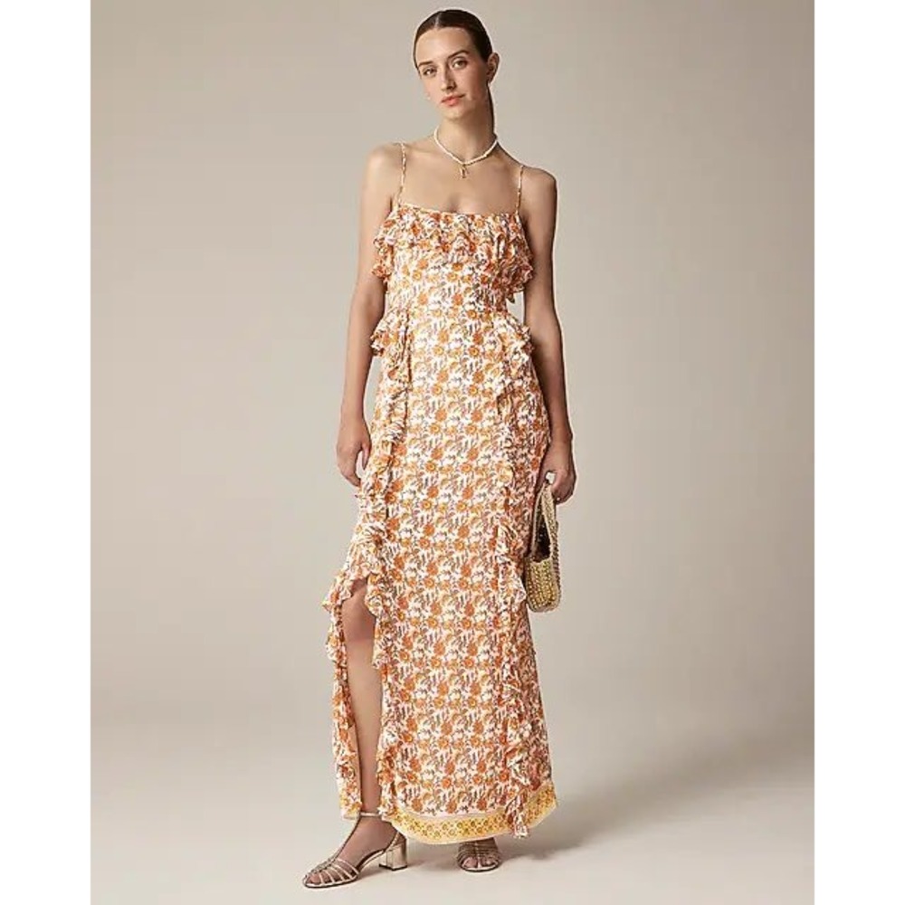 J.Crew Collection Sunset Rose Floral Cascading Ruffle Maxi Dress Size 6